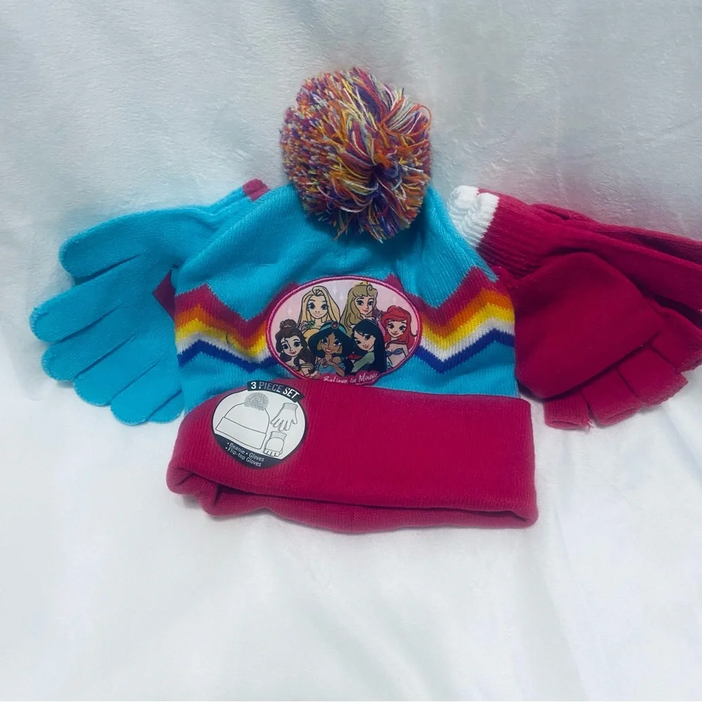 Girls Colorful Princess Winter Hat and Gloves Set